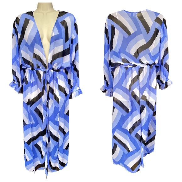 CATO Colorblock Sheer Swim Cover-Up Dress L XL 14/16 Black Blue White Resort - Picture 1 of 12